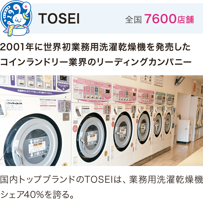 TOSEI 全国7600店舗 2001年に世界初業務用洗濯乾燥機を発売したコインランドリー業界のリーディングカンパニー 国内トップブランドのTOSEIは、業務用洗濯乾燥機シェア40%を誇る。